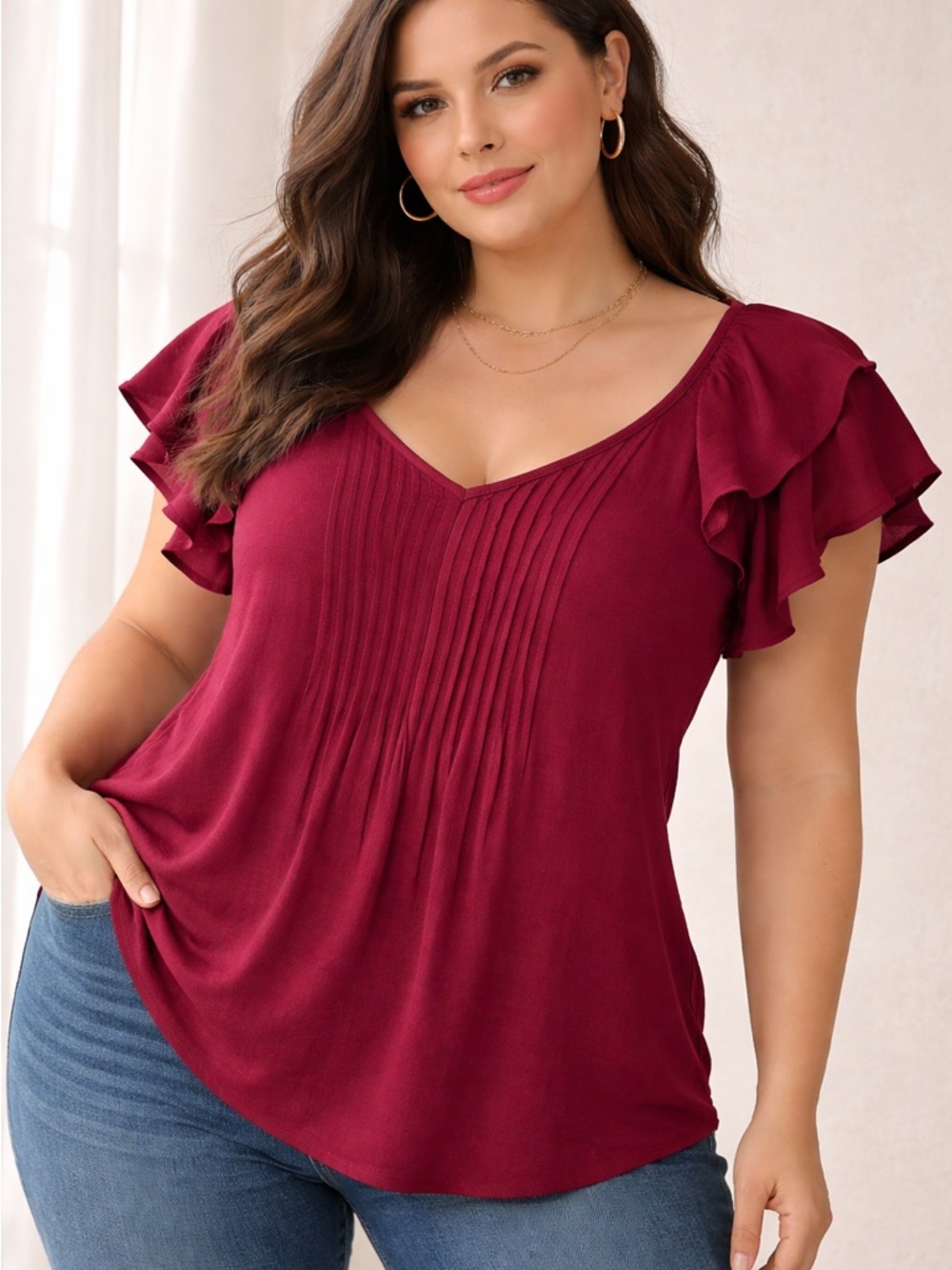 Torrid Size 1 Red Plum Rayon Slub Flutter Sleeve Blouse Pintuck‎ NWOT MSRP $50
